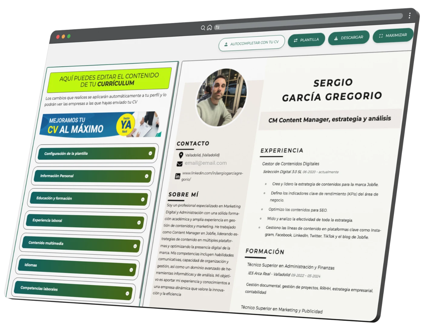 Interfaz del creador de CV de Jobfie